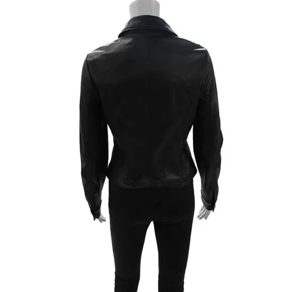 Bebe Women Biker Motorcycle Jacket Black PU Collared Button Long Sleeve Size S - Picture 3 of 7